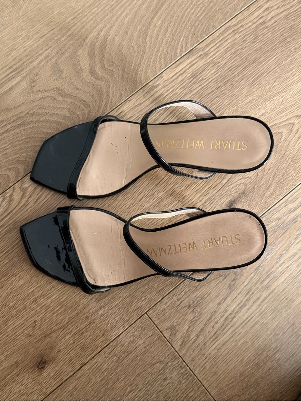 Stuart Weitzman Black Patent Open-Toe Slide Heels